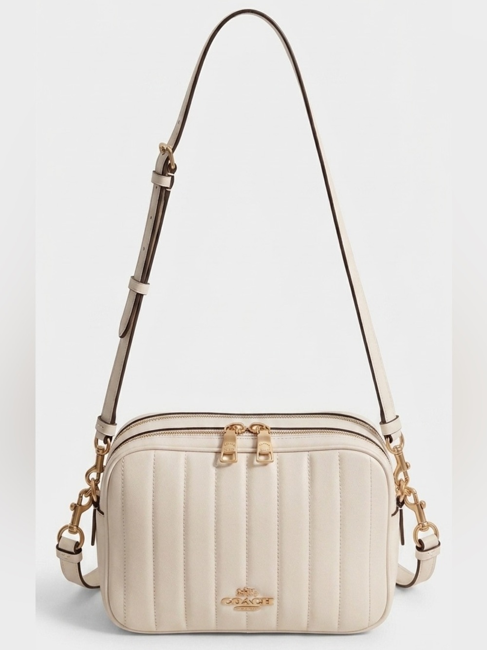 Coach Jes Quilted Leather C1569 Double Zip Crossbody Shoulder Camera Bag TanGold